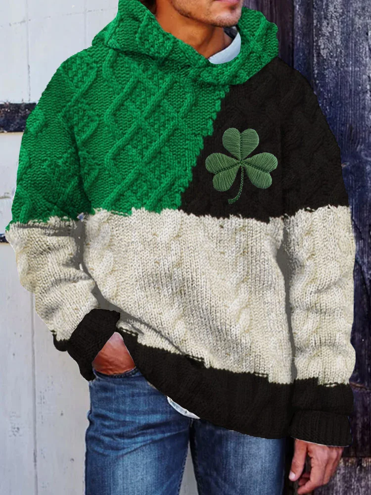 VChics Men's Shamrock Embroidered Patchwork Cozy Hooded Sweater