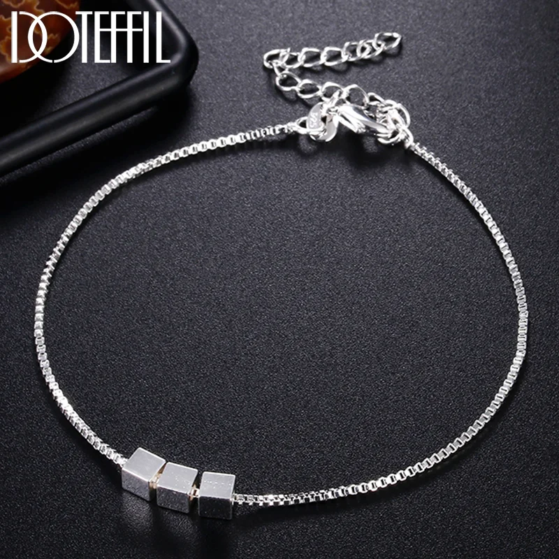 DOTEFFIL 925 Sterling Silver 4mm Three Square Chain Bracelet For Women Jewelry