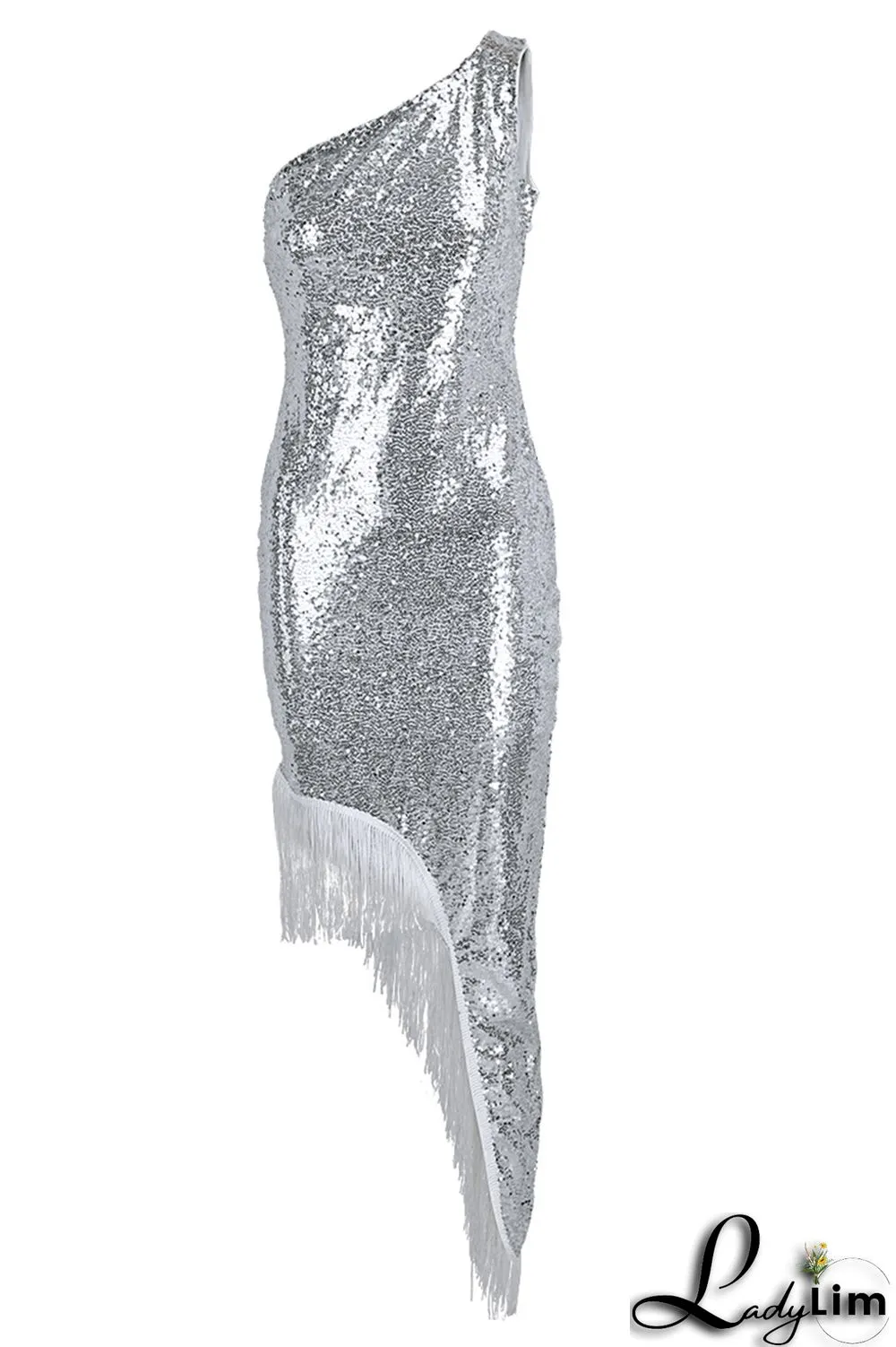Black Fashion Sexy Patchwork Tassel Sequins Asymmetrical One Shoulder Evening Dress