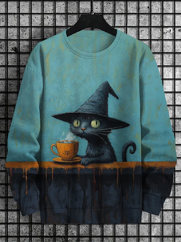 Men's Magic Cat Drinking Coffee Print Casual Sweatshirt
