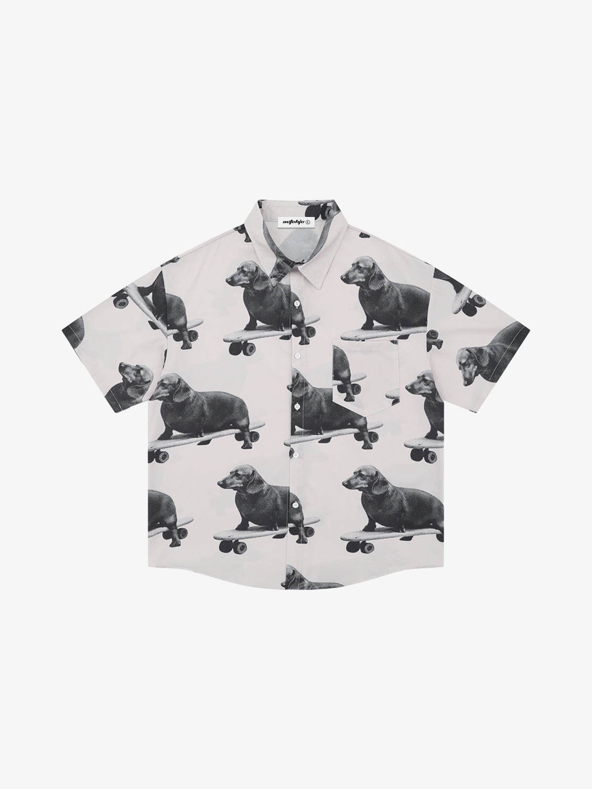 Apricot Act Chic Skateboarding Dog Print Short Sleeve Shirt Front