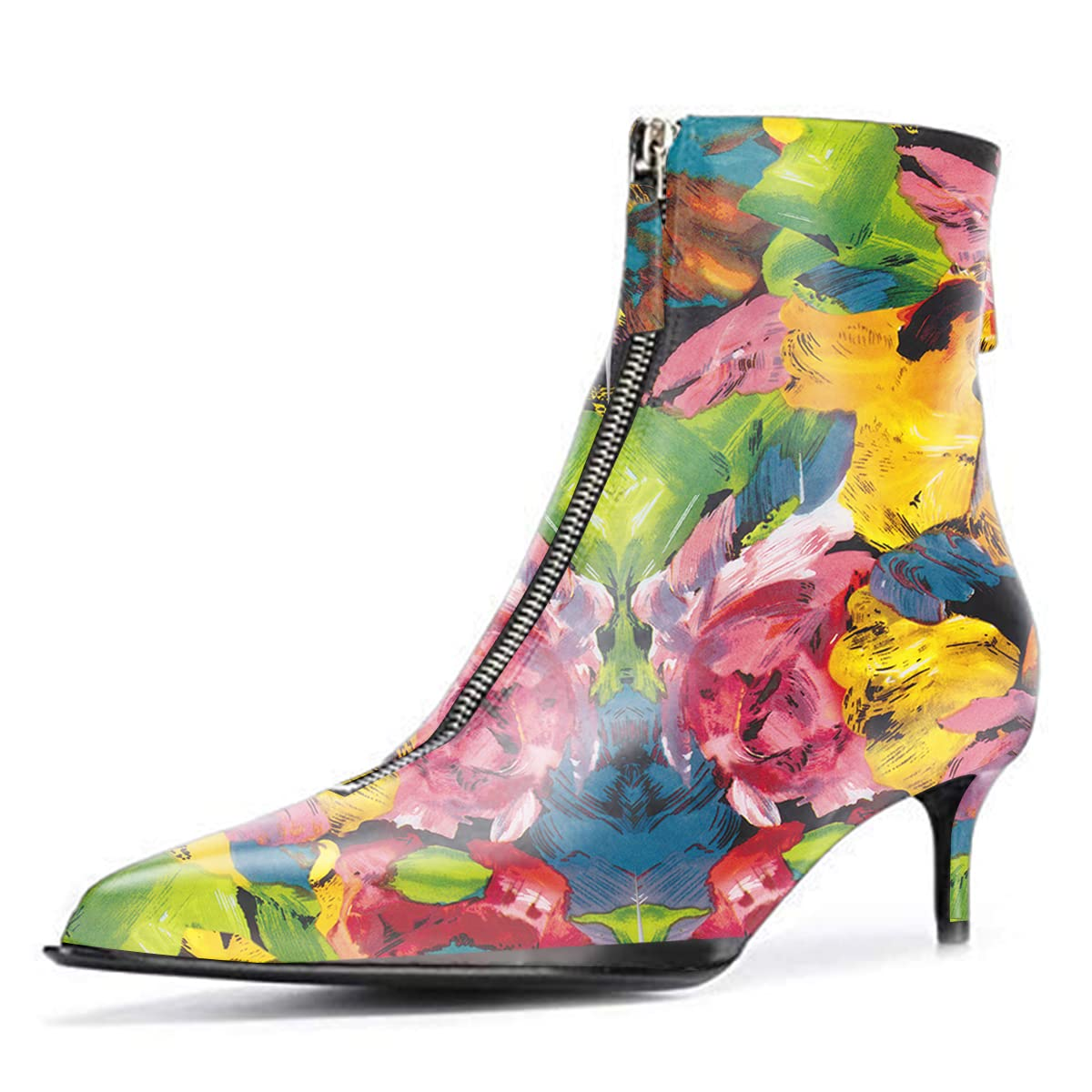 Multicolor Floral Print Booties Pointed Toe Kitten Heel Ankle Boots Nicepairs