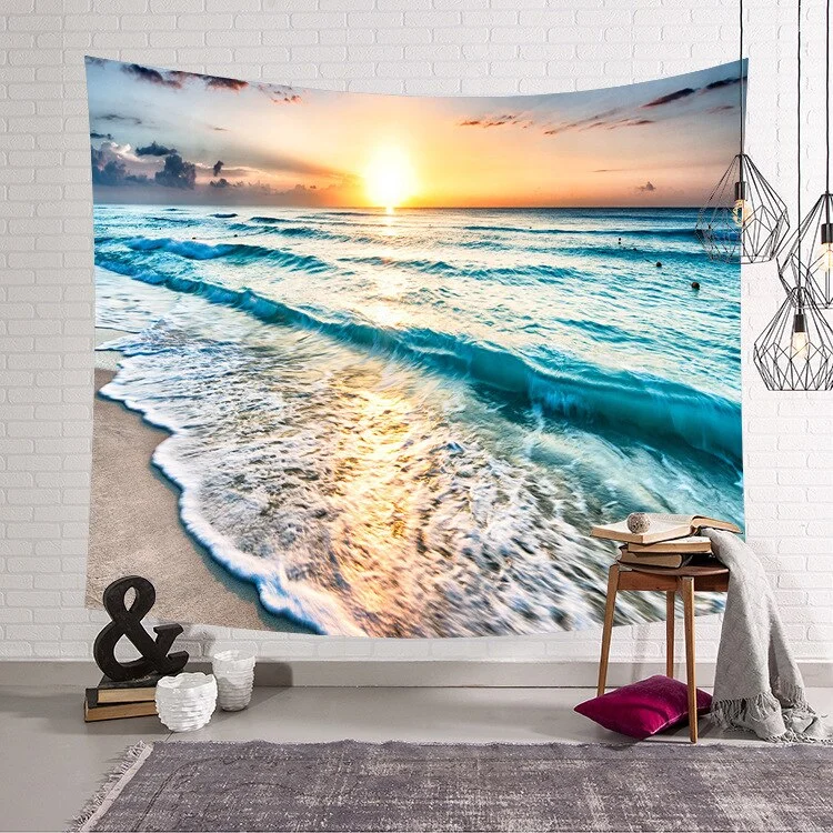 Blue Ocean Waves Sea Sunset Wall Hanging for Bathroom Room Decoration Tapestry