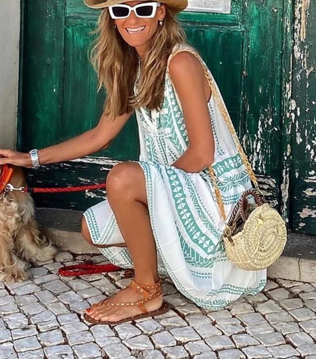 Women Summer V-Neck Buttons Sleeveless Stripe Printing Elegant Casual Loose Dress