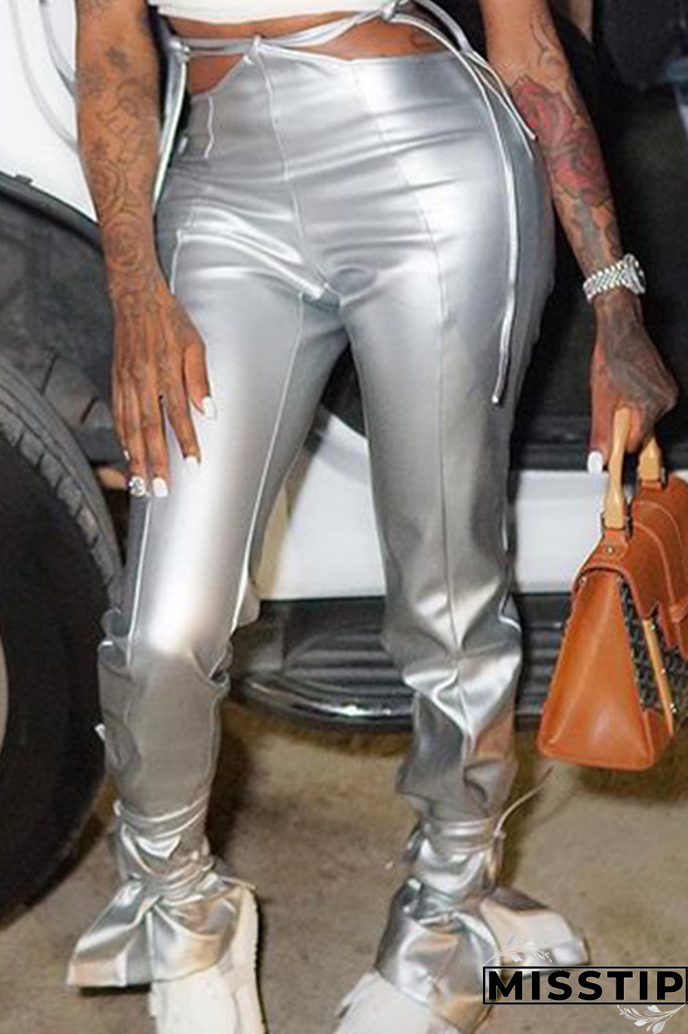 Silver Sexy Solid Hollowed Out Boot Cut Mid Waist Speaker Solid Color Bottoms
