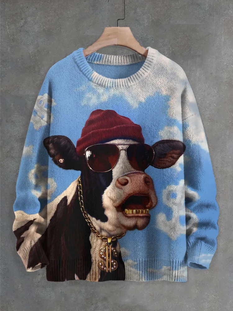 Men's Hip Hop Cow Wearing Gold Coin Necklace Art Print Knit Sweatshirt
