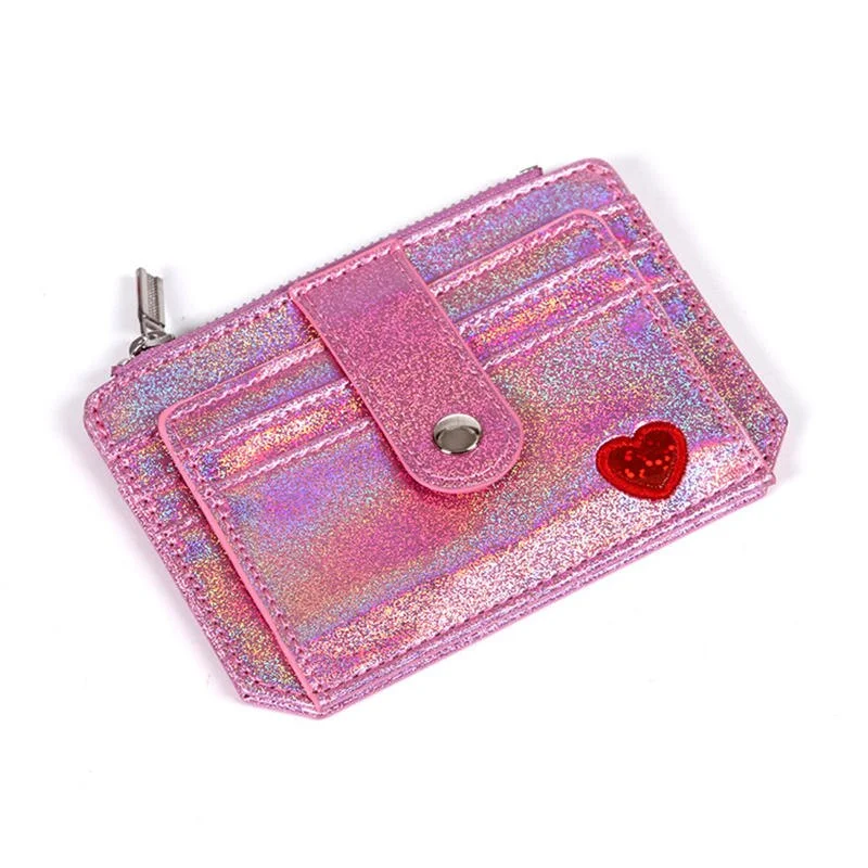 PURDORED 1 Pc Women Laser Card Holder Student Card Wallet Mini Slim Cute Laser Heart Girl Bus ID Card Purse Case Porte Carte