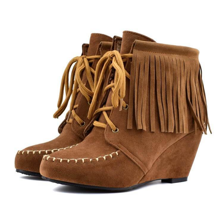 VCSHOES Wedge Lace Up Fringe Suede Ankle Boots