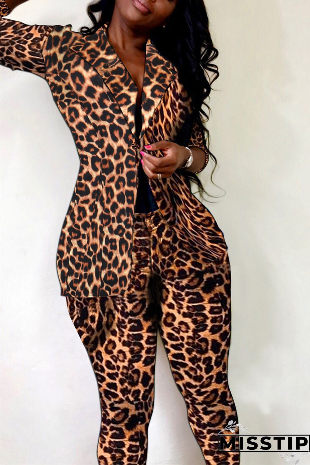 Leopard Print Fashion Casual Print Cardigan Pants Turndown Collar Plus Size Two Pieces