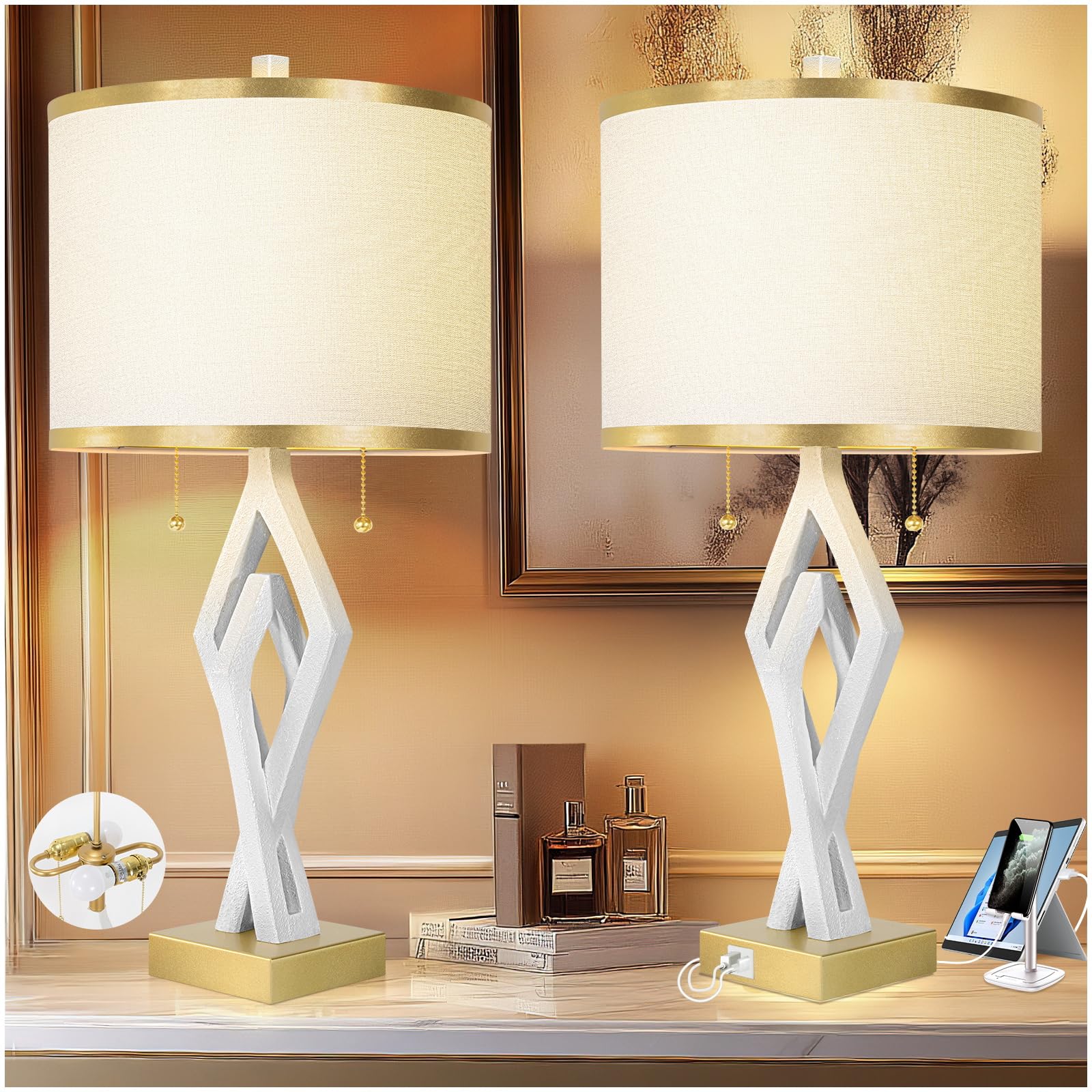 Table Lamp Set of 2 26” White Bedside Lamps 