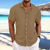 Camicia da uomo a maniche corte jacquard rigata in cotone e lino con revers