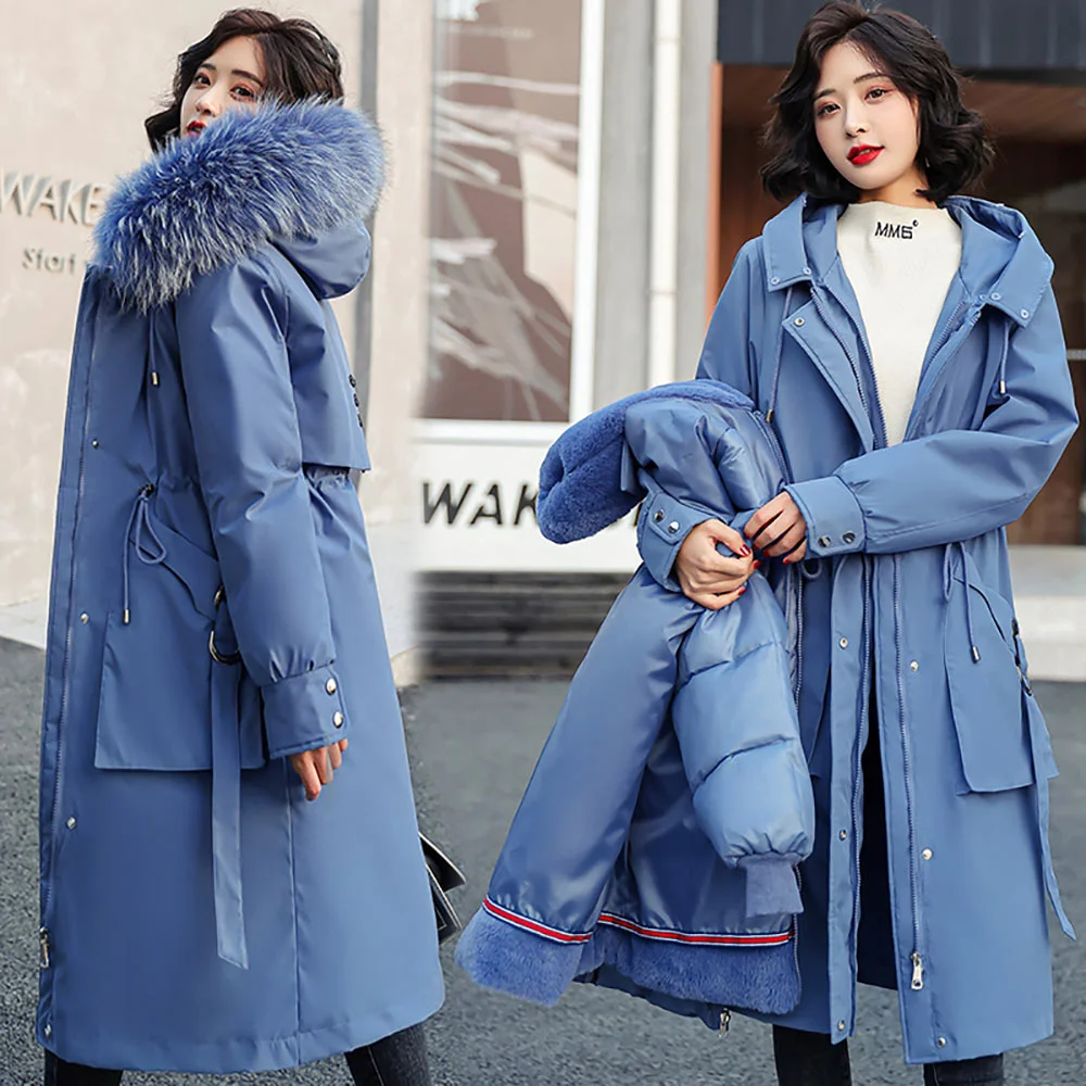 Brownm -30 Degrees Snow Wear Long Parkas Winter Jacket Women Fur Hooded Clothing Female Fur Lining Thick Winter Coat Women