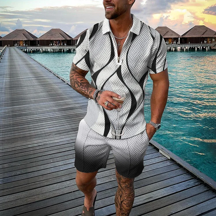 BrosWear Black And White Waves Short Sleeve Polo Shirt And Shorts Co-Ord