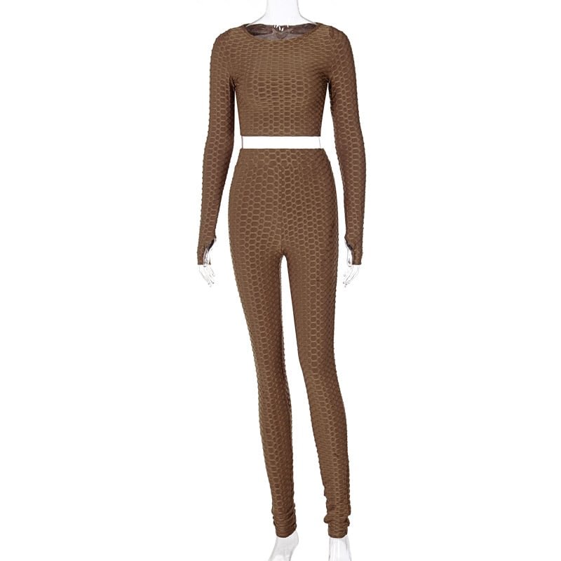 Dulzura Honeycomb Women 2 Piece Set Long Sleeve Gym Top O Neck Leggings Bodycon Sexy Sporty Tracksuit 2020 Autumn Winter Outfit