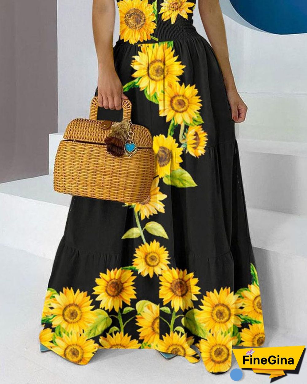 Off The Shoulder Sunflower Printed Black Beach Dress