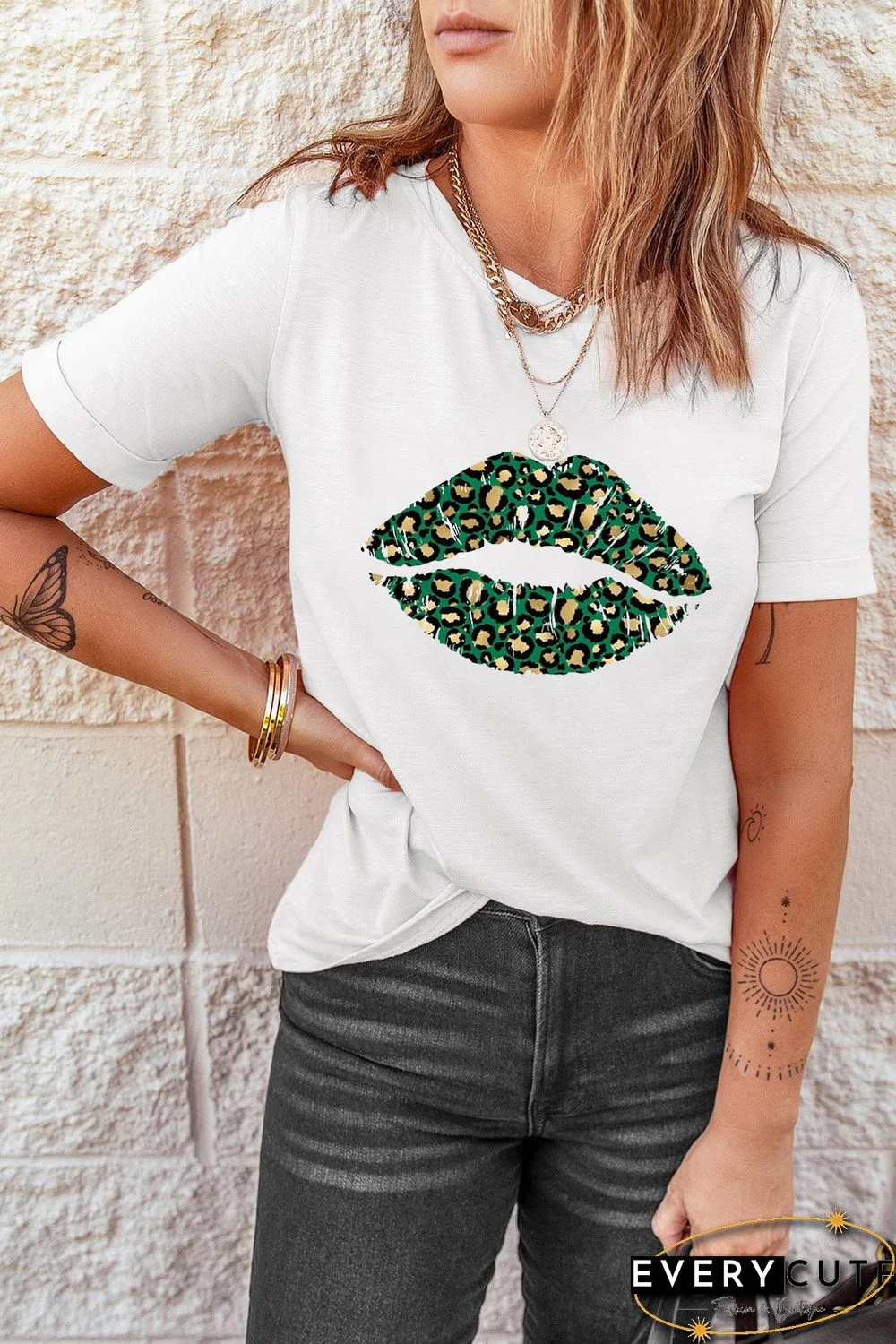 White St Patrick Leopard Lip Print Short Sleeve T-shirt