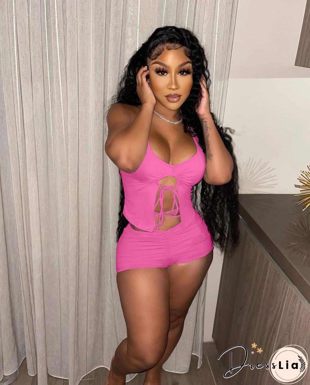 Summer Women Sexy Solid Color Irregular Hollow Out Sleeveless Halter Top Skinny Shorts Two Piece Suit