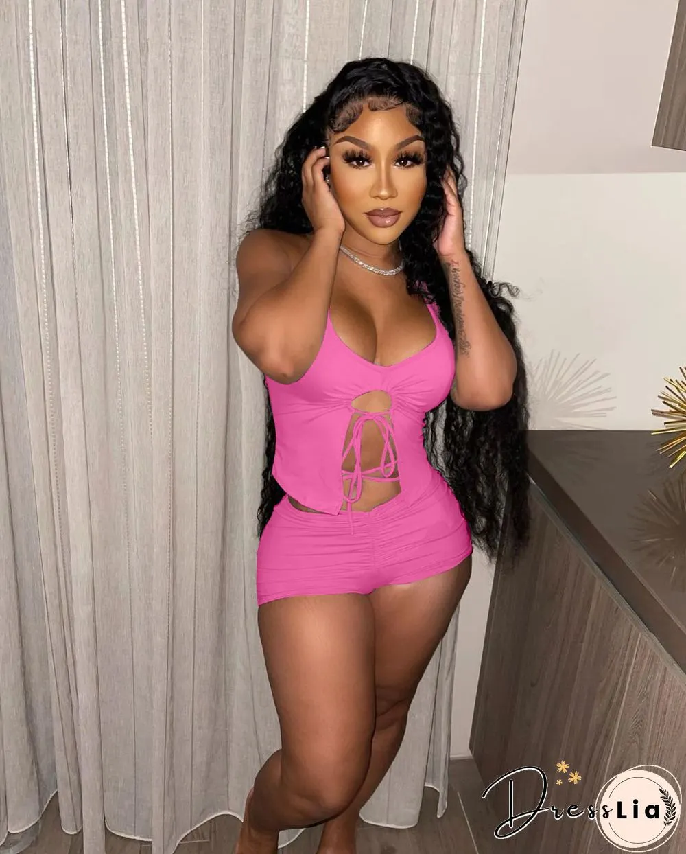 Summer Women Sexy Solid Color Irregular Hollow Out Sleeveless Halter Top Skinny Shorts Two Piece Suit