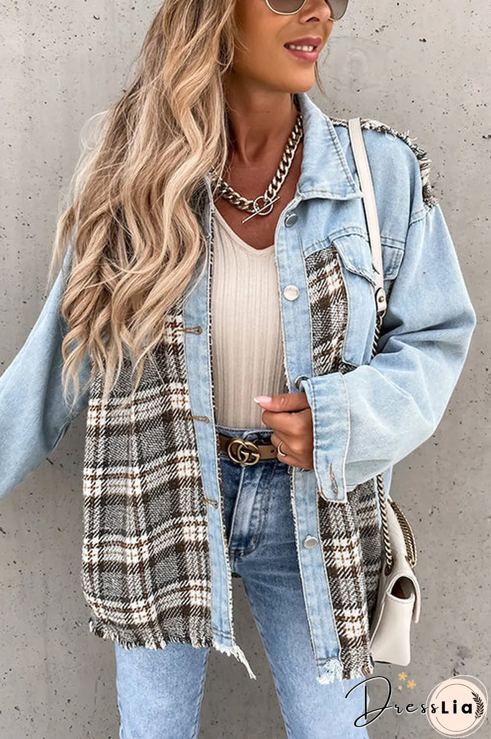 Checked Patchwork Pockets Denim Jacket