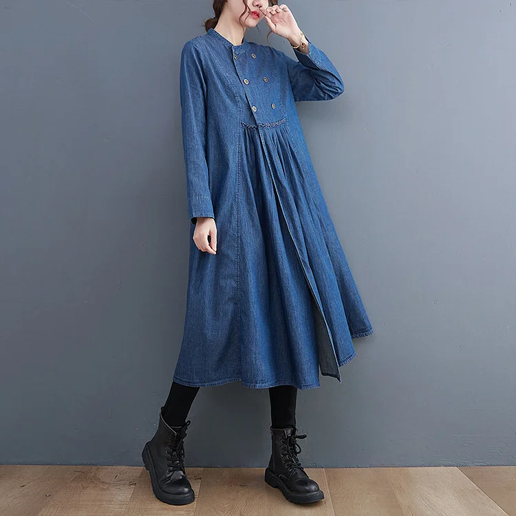 Elegant Solid Color Denim Long Sleeve Midi Dress