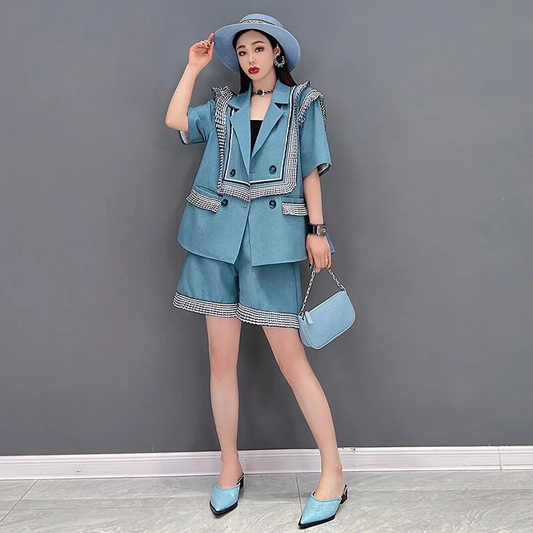 Stylish Pleated Stitching Lapel Double Breasted Short Sleeve Blazer And Loose Shorts Two Piece Sets 