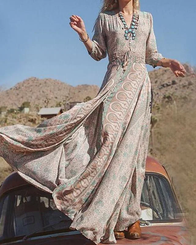 Women's Swing Dress Maxi long Dress Long Sleeve Tribal Print Fall Spring V Neck Hot Boho Holiday vacation dresses Khaki S M L XL XXL 3XL 4XL 5XL