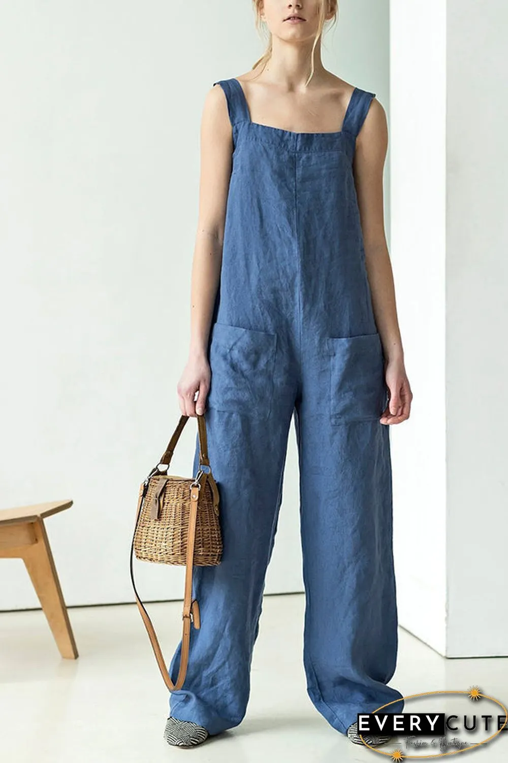 Square Neck Pockets Dungarees Jumpsuits