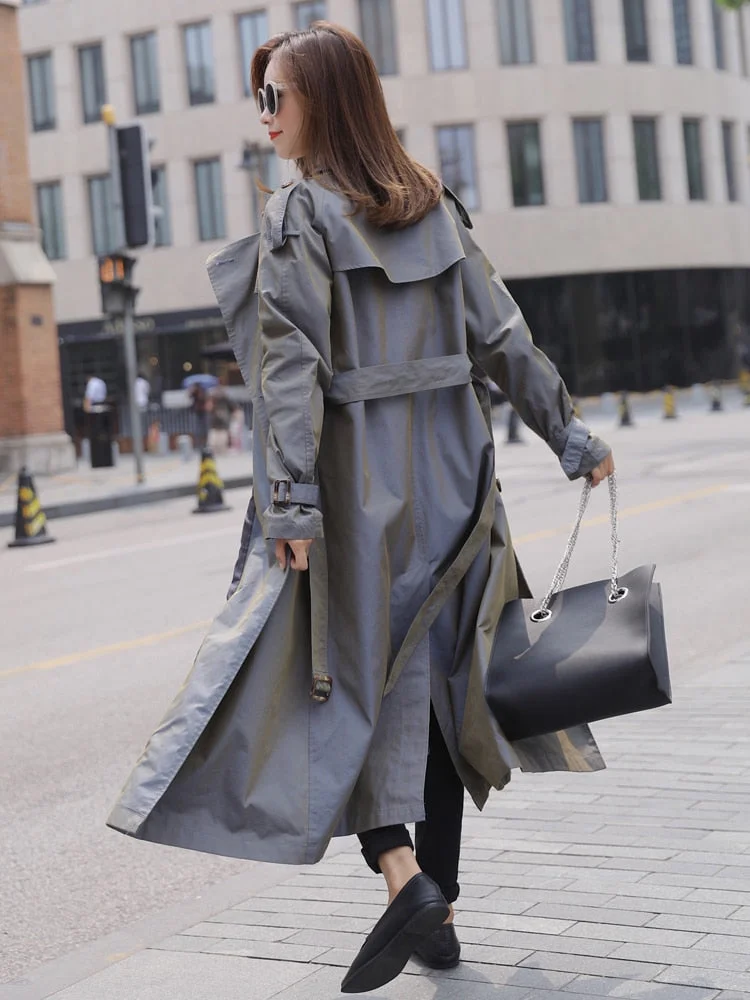 2021 British Style Victorian Trench Coat Waterproof Chameleon Cotton Long Femme Double-Breasted Lady Duster Coat Blue Pink