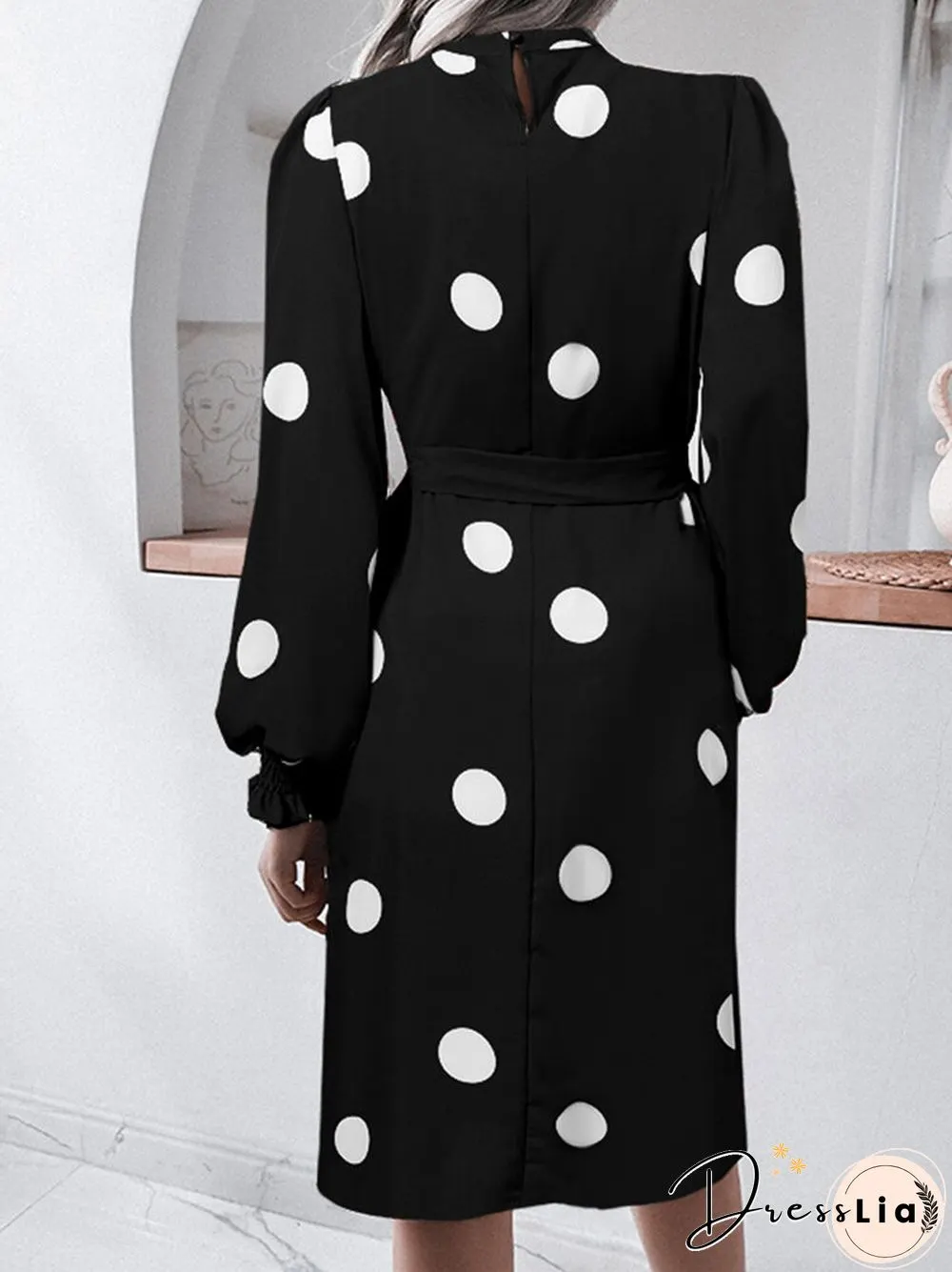 Dot Print Puff Long Sleeve Shirred Stand Collar Dress With Belt