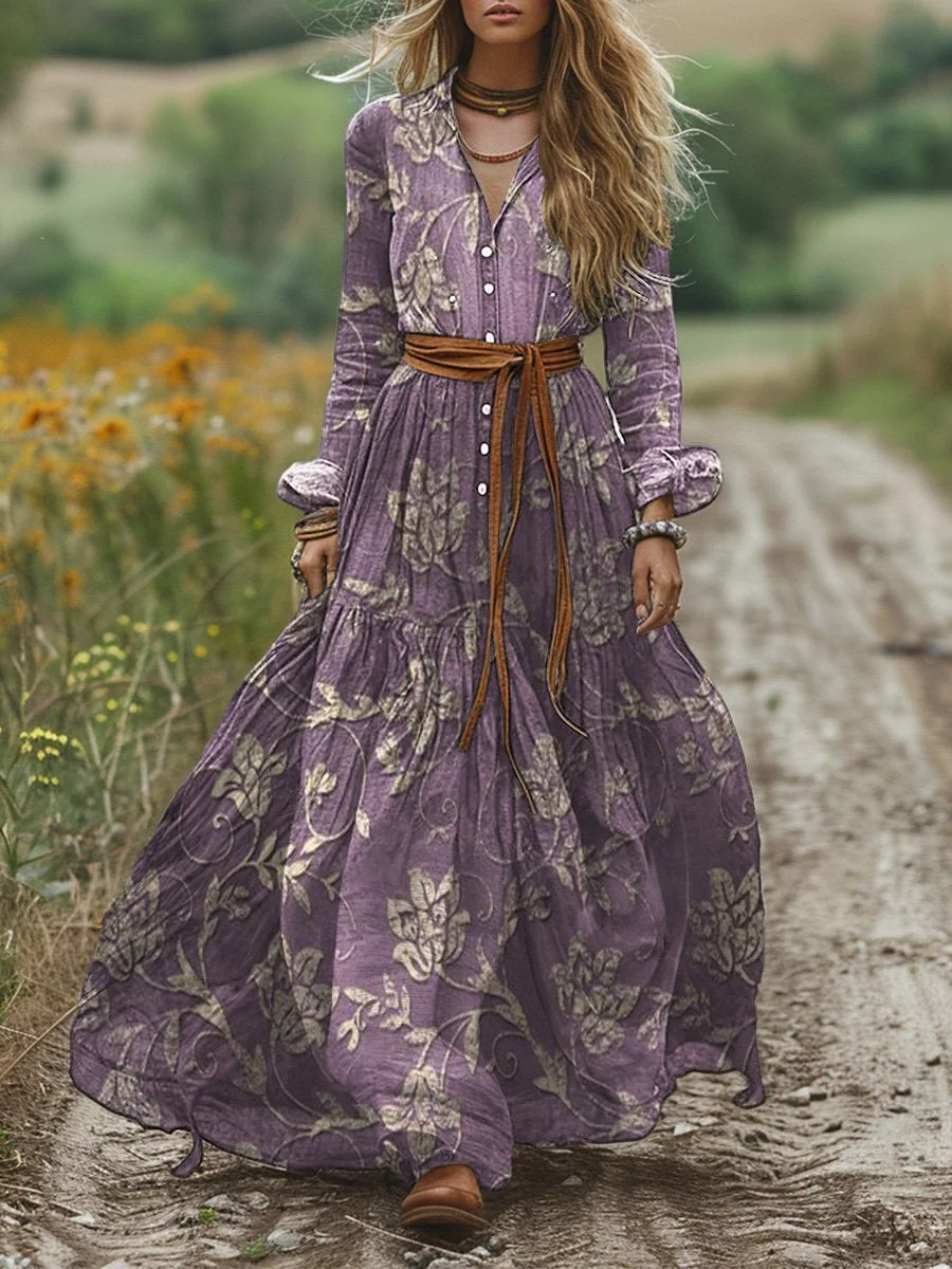 Women's Vintage Floral Patterns Print Pocket Cotton Maxi Dress
