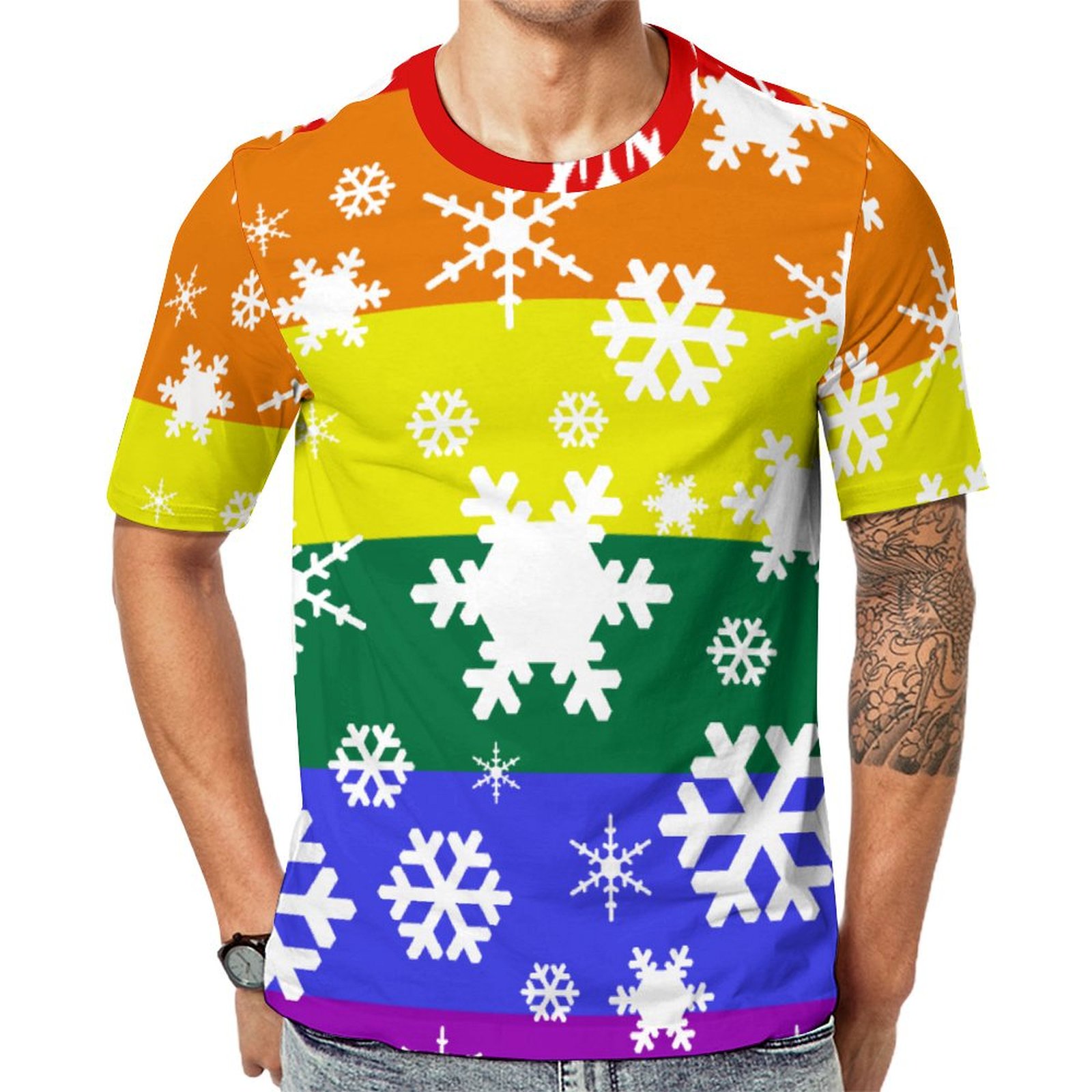 Gay Pride Flag Christmas Snowflake Short Sleeve Print Unisex Tshirt Summer Casual Tees for Men and Women Coolcoshirts