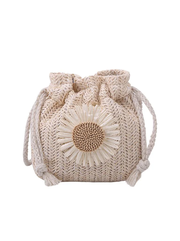 Women Straw Bucket Shoulder Bags Flower Drawstring Crossbody Pouch (Beige)