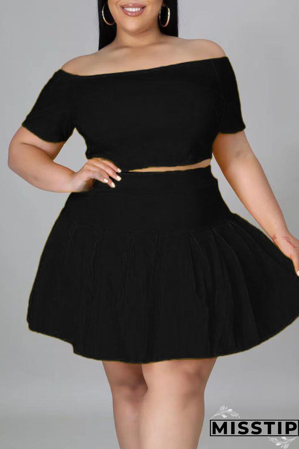 Black Casual Solid Patchwork Off the Shoulder A Line Plus Size Two Pieces