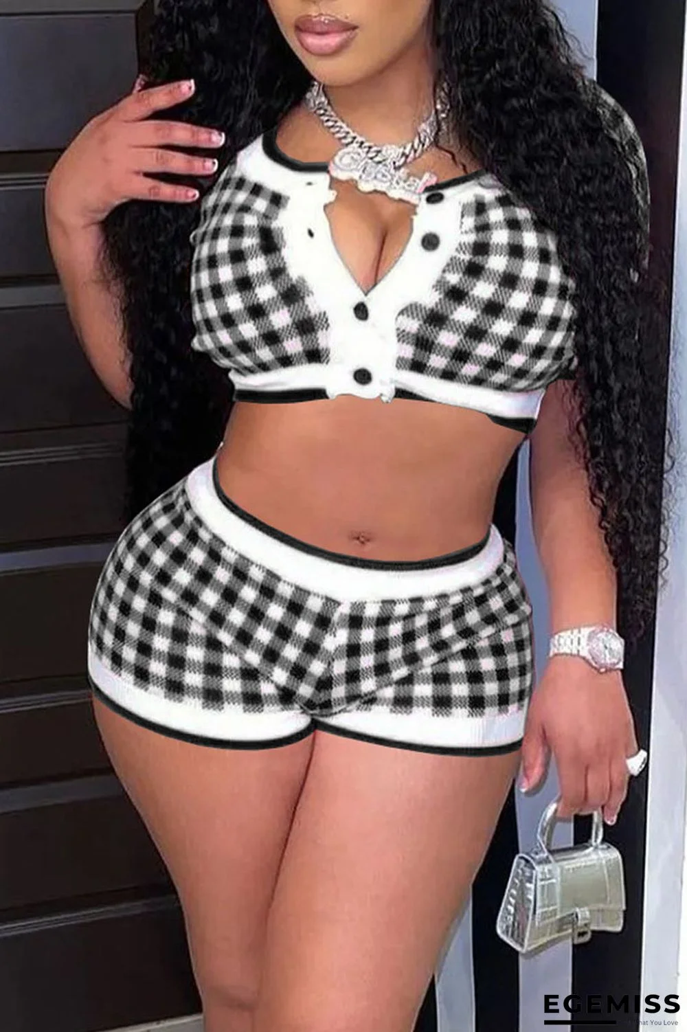 Black Sexy Plaid Print Patchwork Buckle Short Sleeve Two Pieces | EGEMISS