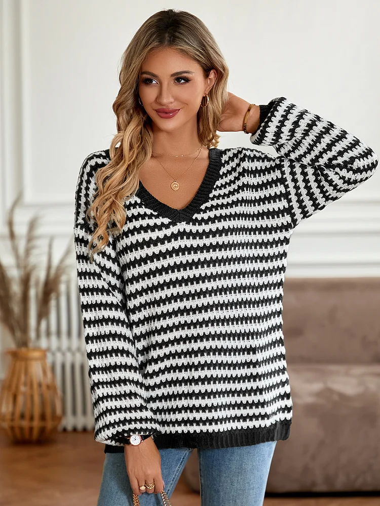 Loose Striped Long Sleeve Sweater - yankia