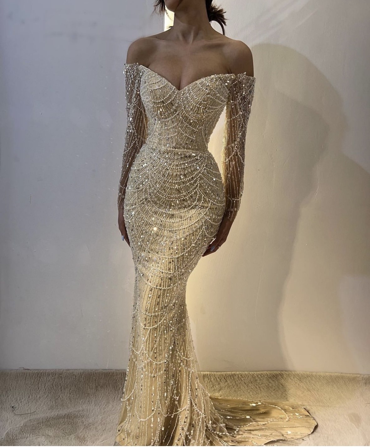Oknass Exquisite Gold Off the Shoulder Mermaid Long Prom Dress With Beading