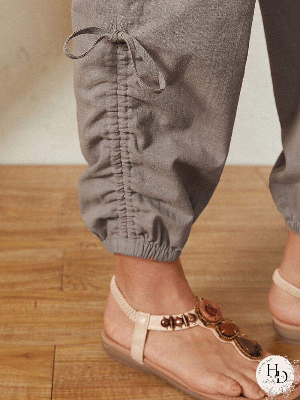Solid Color Pocket Elastic Waist Drawstring Design Casual Cotton Women Pants