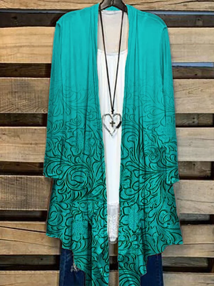 Western Turquoise Floral Leather Art Flowy Cardigan