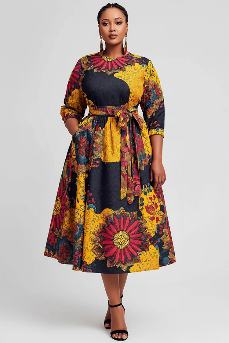 Xpluswear Design Plus Size Business Casual Multicolor African Print Round Neck 3/4 Sleeve Wrap Pocket Midi Dresses 2024 - Xpluswear