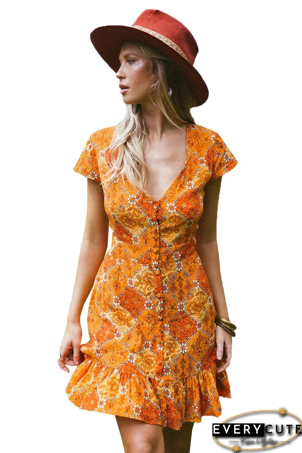 Orange Vintage V-Neck Print Mini Dress