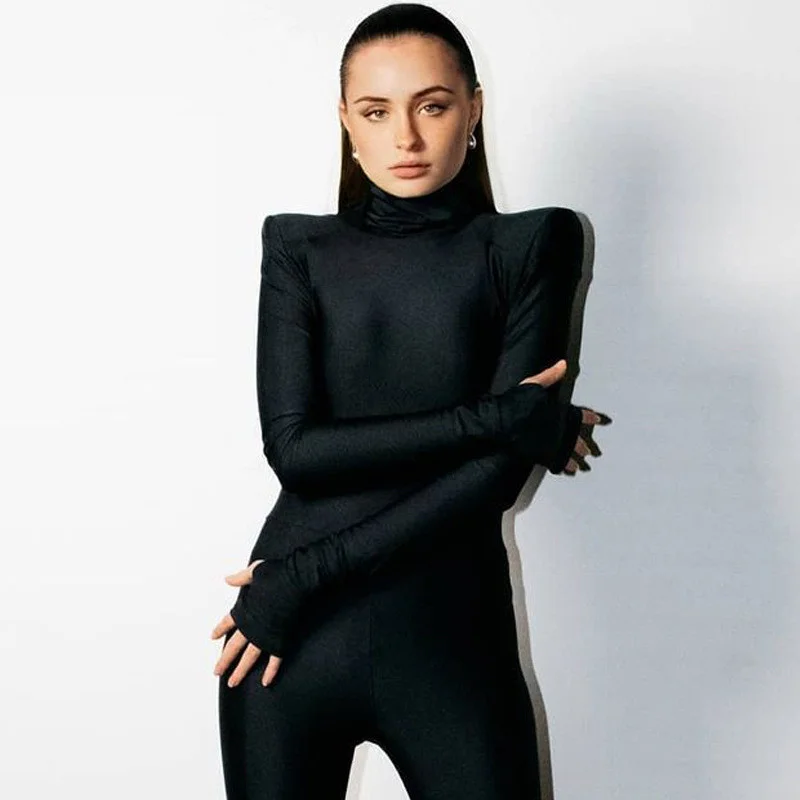 Women's Newest Fashion Slim Tight Turtleneck Shoulder Pad Long Sleeve Rompers Jumpsuits Bodysuit 