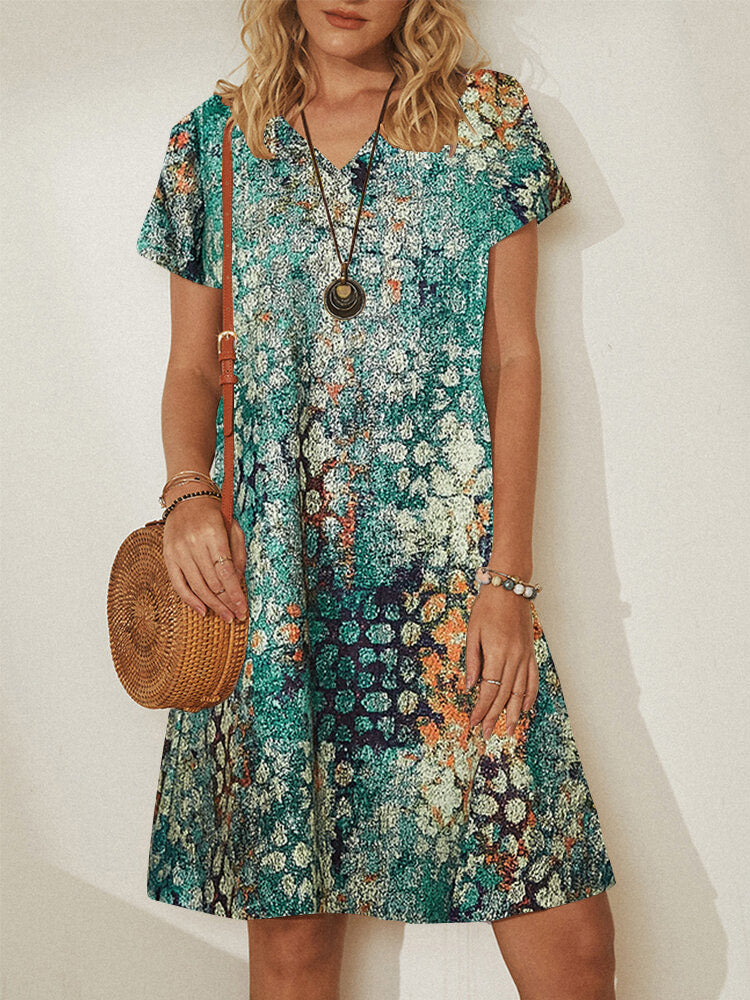 Women Short Sleeve V-neck Striped Gradient Midi Dress