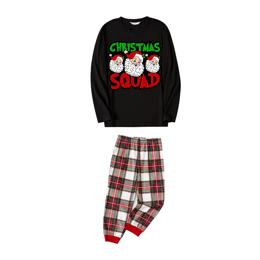 "Santa Squad" and Santa Claus Print Black Top with Red & White & Green Plaid Pants Family Matching Pajamas