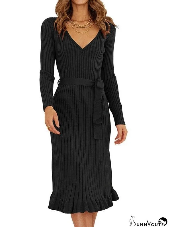 Elegant V-Neck Knitted Dress With Long Sleeves And High Waist