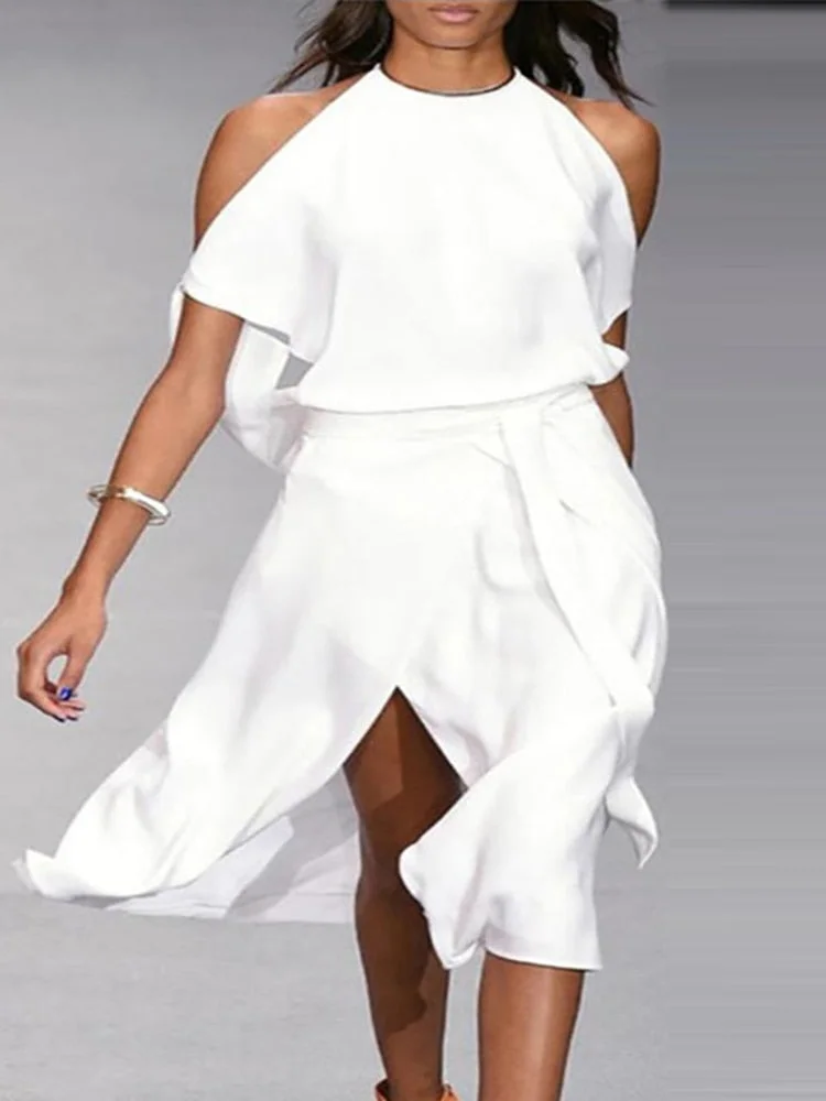 UForever21 Elegant Women Slim Party White Dress Round Neck Solid Short Sleeve Dress Female Lace Up Short Sleeve Clubwear Chic Office Dress