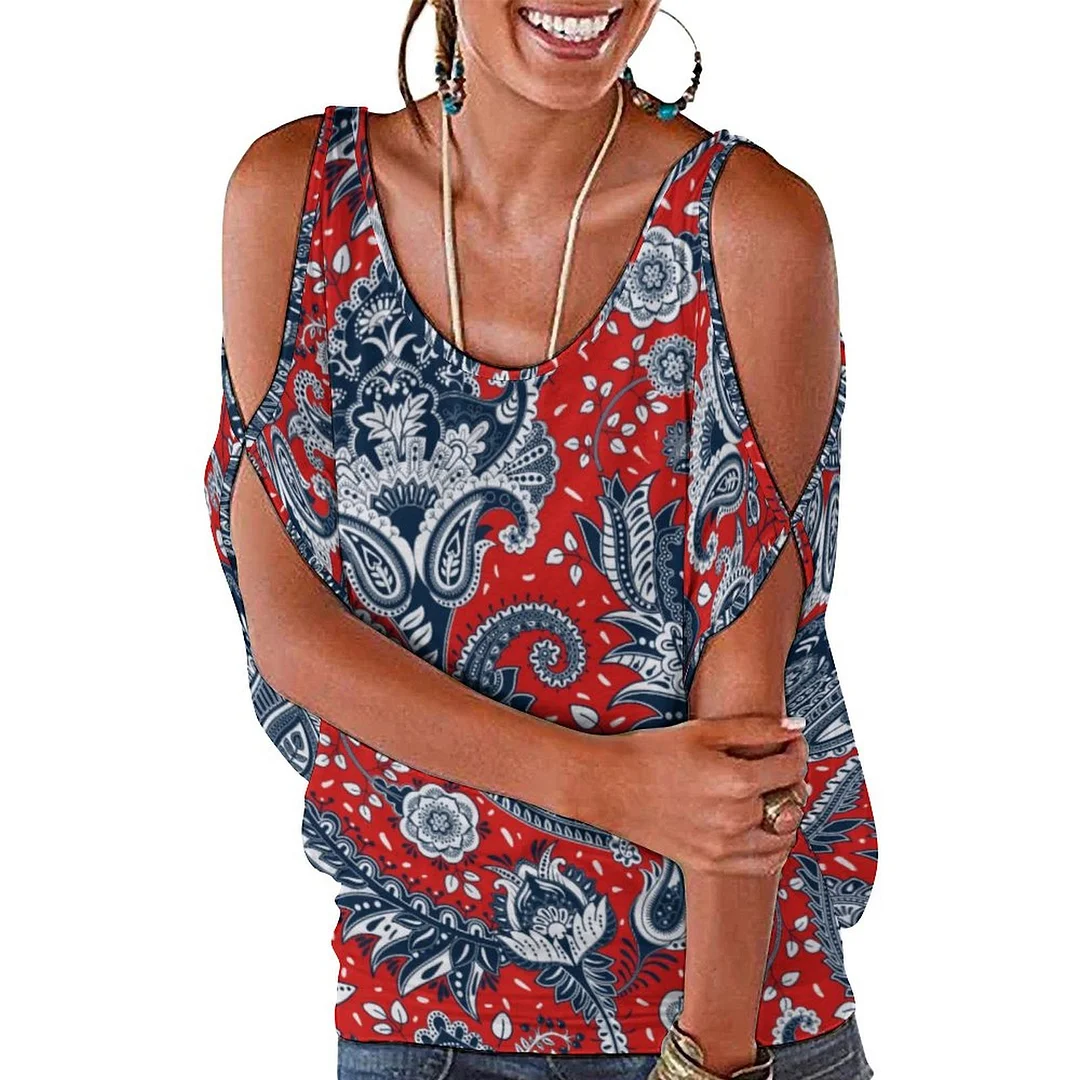 Red White Blue Floral Paisley Bohemian Boho Cold Shoulder Blouse Tops Loose O-Neck Short Sleeve Tee Shirts Summer Tunic