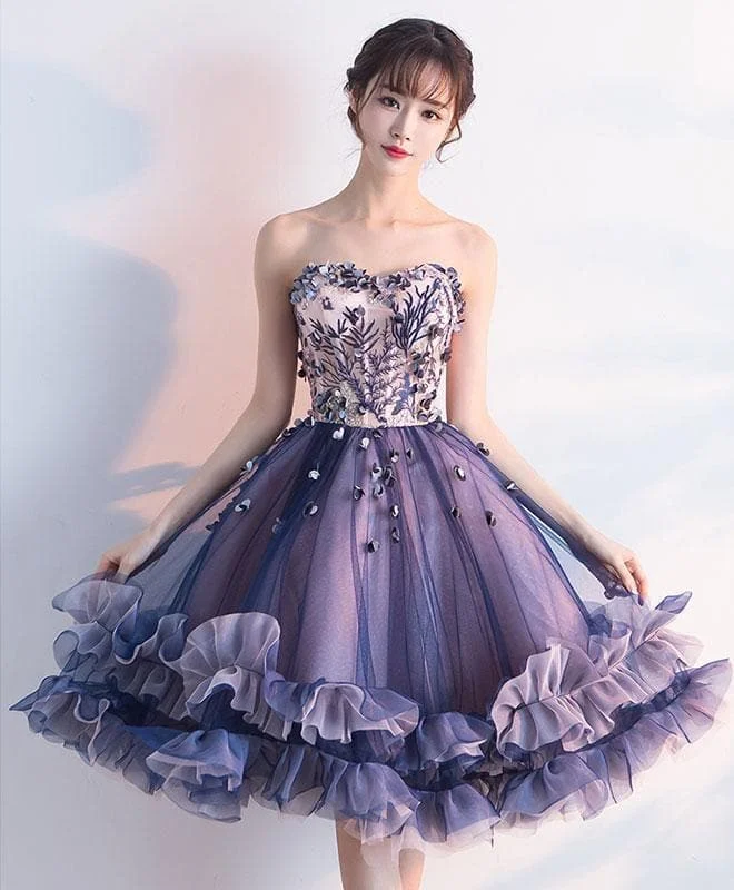 Purple Sweetheart Neck Tulle Lace Applique Short Prom Dress SP15724