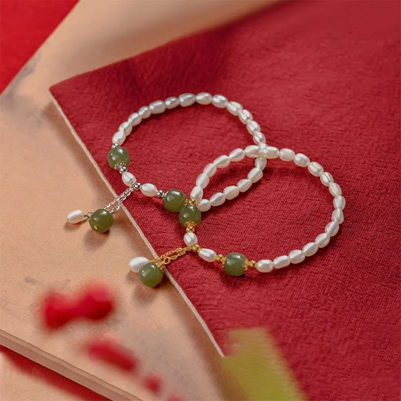 925 Sterling Silver Natural Pearl Hetian Jade Healing Bracelet