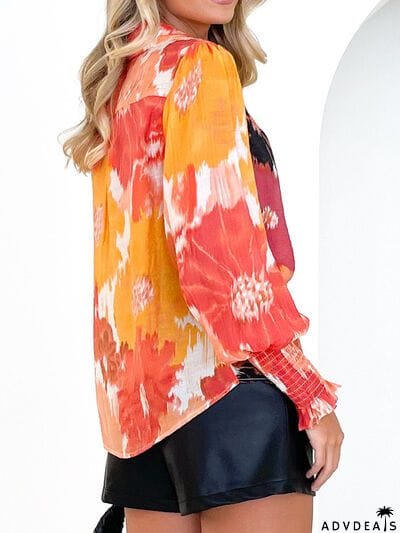 Printed Lantern Sleeve Button Up Shirt