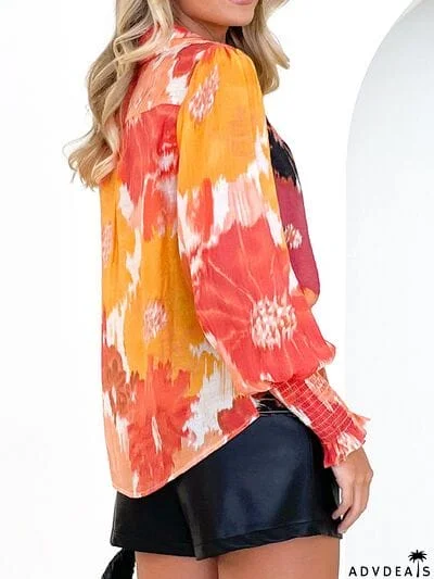 Printed Lantern Sleeve Button Up Shirt